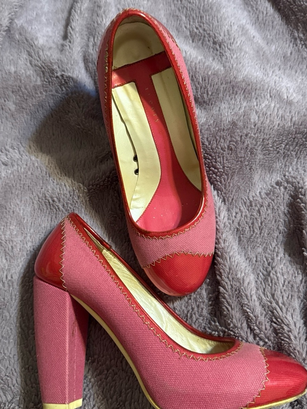 Theory Two-Tone Pink and Red Block Heel Pumps